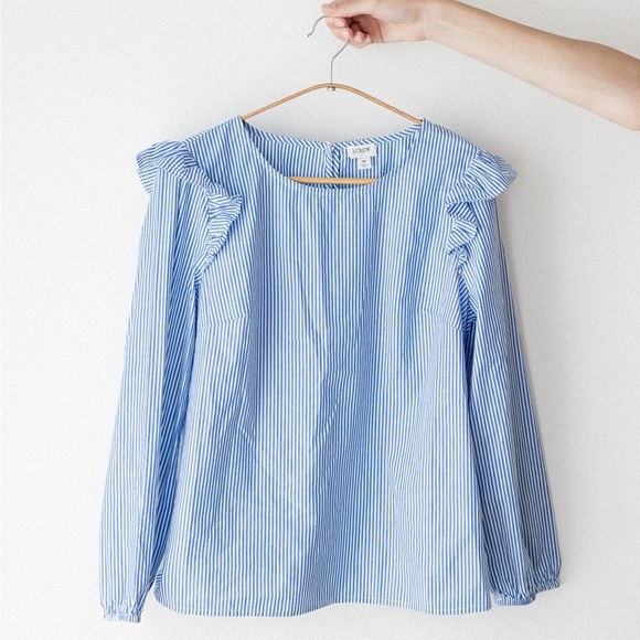 J. Crew Blue and White Striped Blouse with Ruffle Sleeves - Picture 3 of 6